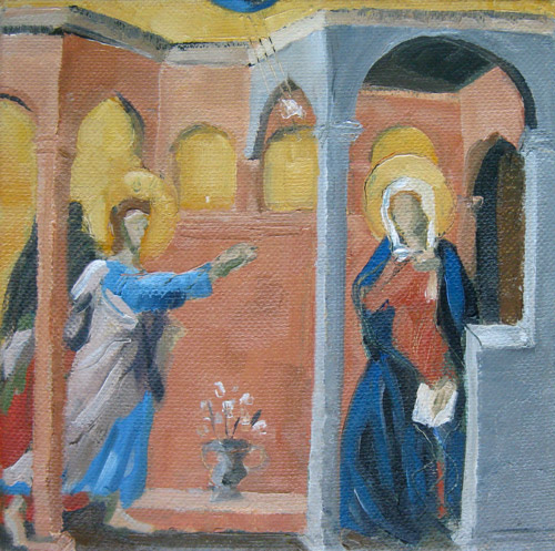 Annunciation after Duccio, Oil on Canvas, 6x6, ©Michelle Arnold Paine