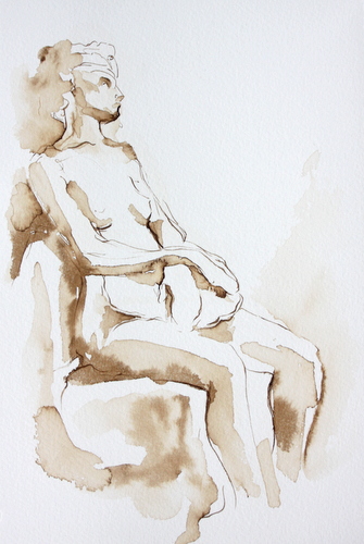 Shaundra Seated 3, Walnut ink on paper, ©Michelle Arnold Paine figurative,pen and ink,10x7,price $125,Shaundra Seated 3