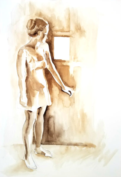 ink drawing of eve door to heaven closed ©Michelle Arnold Paine 2019