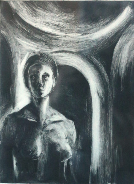 black and white image of arches with female torso