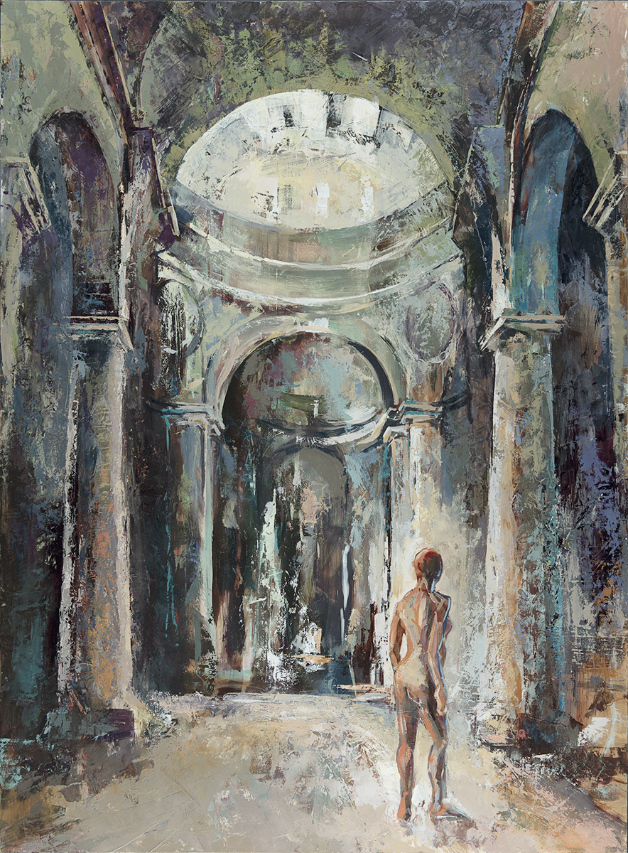 oil painting of woman in a church