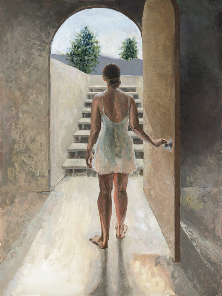 oil painting woman with stairway